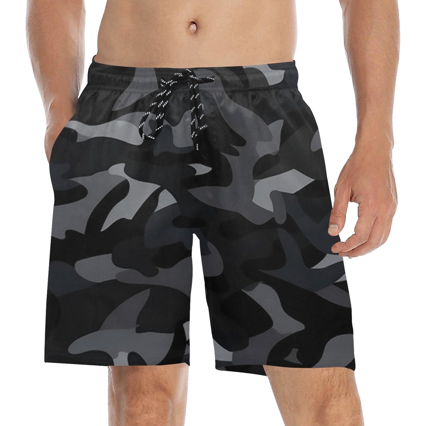 Black Camo Men Swim Trunks, 7" Inseam Shorts Camouflage Beach Pockets Mesh Lining Drawstring Casual Bathing Suit Plus Size Male Swimwear