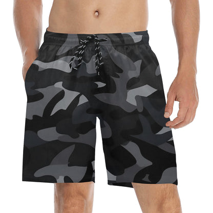 Black Camo Men Swim Trunks, 7" Inseam Shorts Camouflage Beach Pockets Mesh Lining Drawstring Casual Bathing Suit Plus Size Male Swimwear