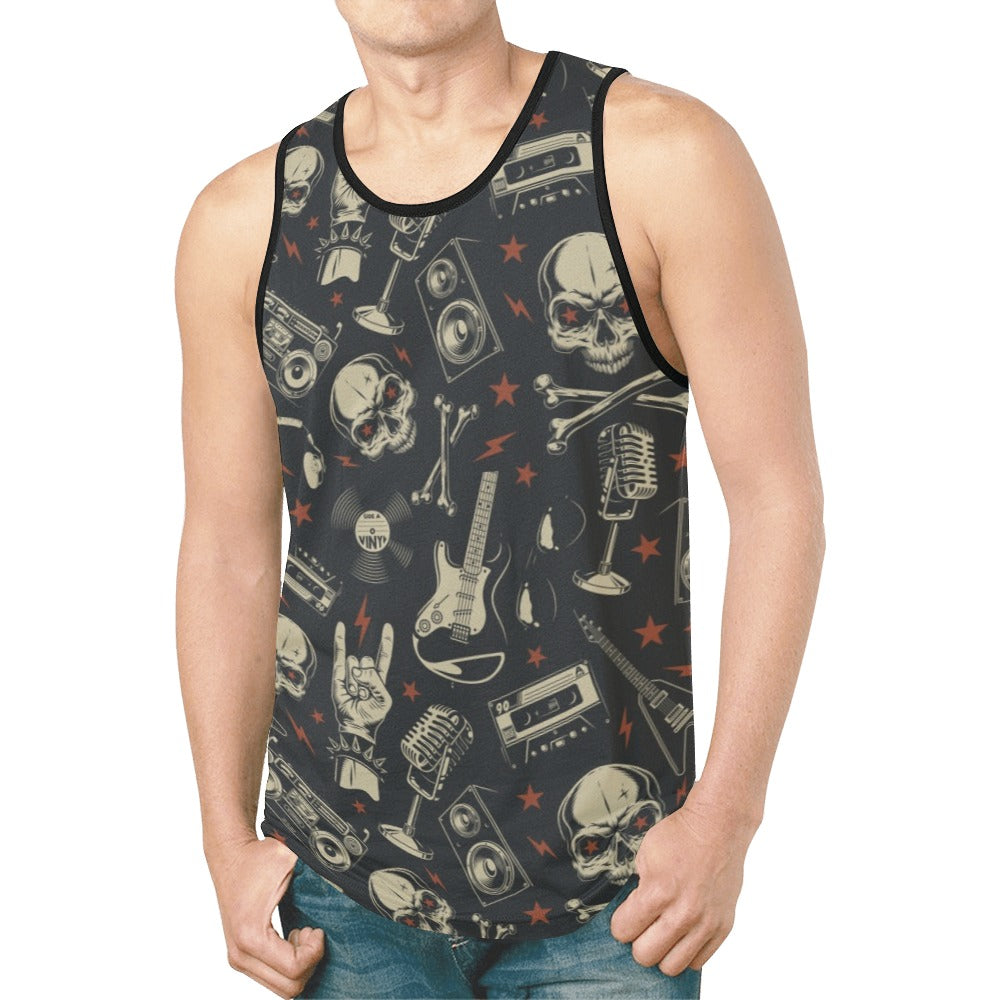 Skull Tank Top Shirt, Classic Rock Guitar Skeleton Men Guys Male Sleeveless Festival Workout Fitness Sports Summer Casual Muscle Graphic Tee