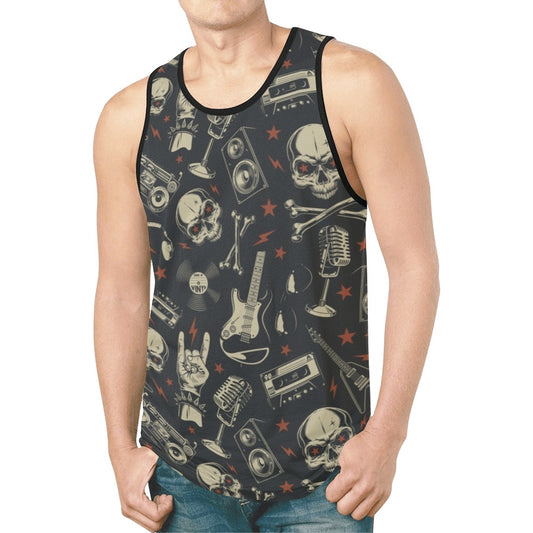Skull Tank Top Shirt, Classic Rock Guitar Skeleton Men Guys Male Sleeveless Festival Workout Fitness Sports Summer Casual Muscle Graphic Tee