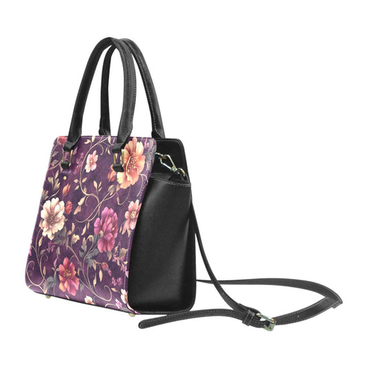 Burgundy Floral Purse Handbag, Maroon Classic Flowers Cute Vegan Leather Designer Women Ladies Female Tote Top Zip Handle Bag Shoulder Strap - Starcove Fashion