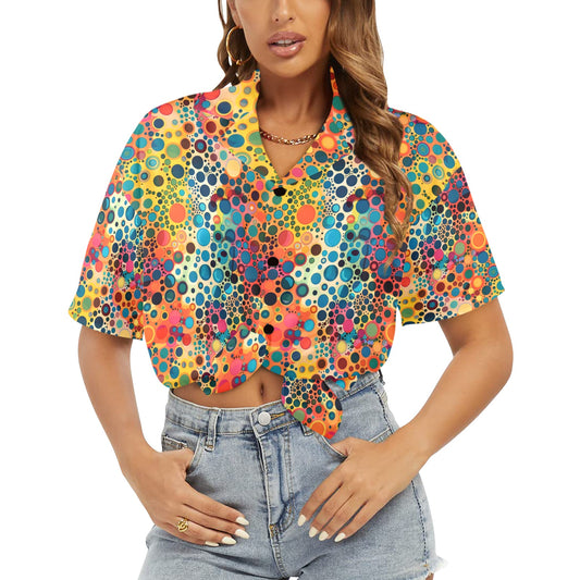 Psychedelic Women Hawaiian shirt, Colorful Dots Art Vibrant Summer Print Vintage Retro Hawaii Aloha Button Up Down Plus Size Ladies Blouse