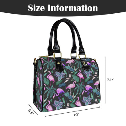Pink Flamingo Purse Handbag, Palm Tree Women Ladies Print Canvas and Leather Barrel Type Designer Accessory Shoulder Crossbody Bag Gift