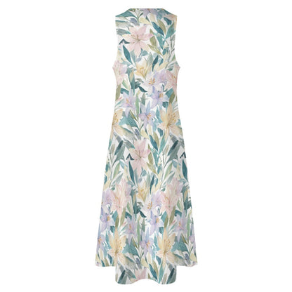 Pastel Floral Maxi Dress, Botanical Women Sleeveless Casual Cute Designer Elegant Plus Size Cocktail Party Summer A-Line Designer Pockets
