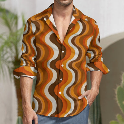 70s Wavy Stripes Long Sleeve Men Button Up Shirt, Retro Vintage Brown Orange Print Buttoned Down Collar Casual Dress 1970 Disco Chest Pocket