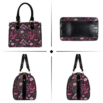 Pink Floral Purse Handbag, Flowers Women Ladies Print Canvas and Leather Barrel Type Designer Accessory Shoulder Crossbody Bag Gift