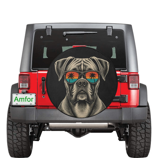 Boxer Dog Spare Tire Cover, Sunglasses Palm Tree Beach Puppy Backup Camera Hole Wheel Unique RV Back Cars Men Women Trailer Campers Extra