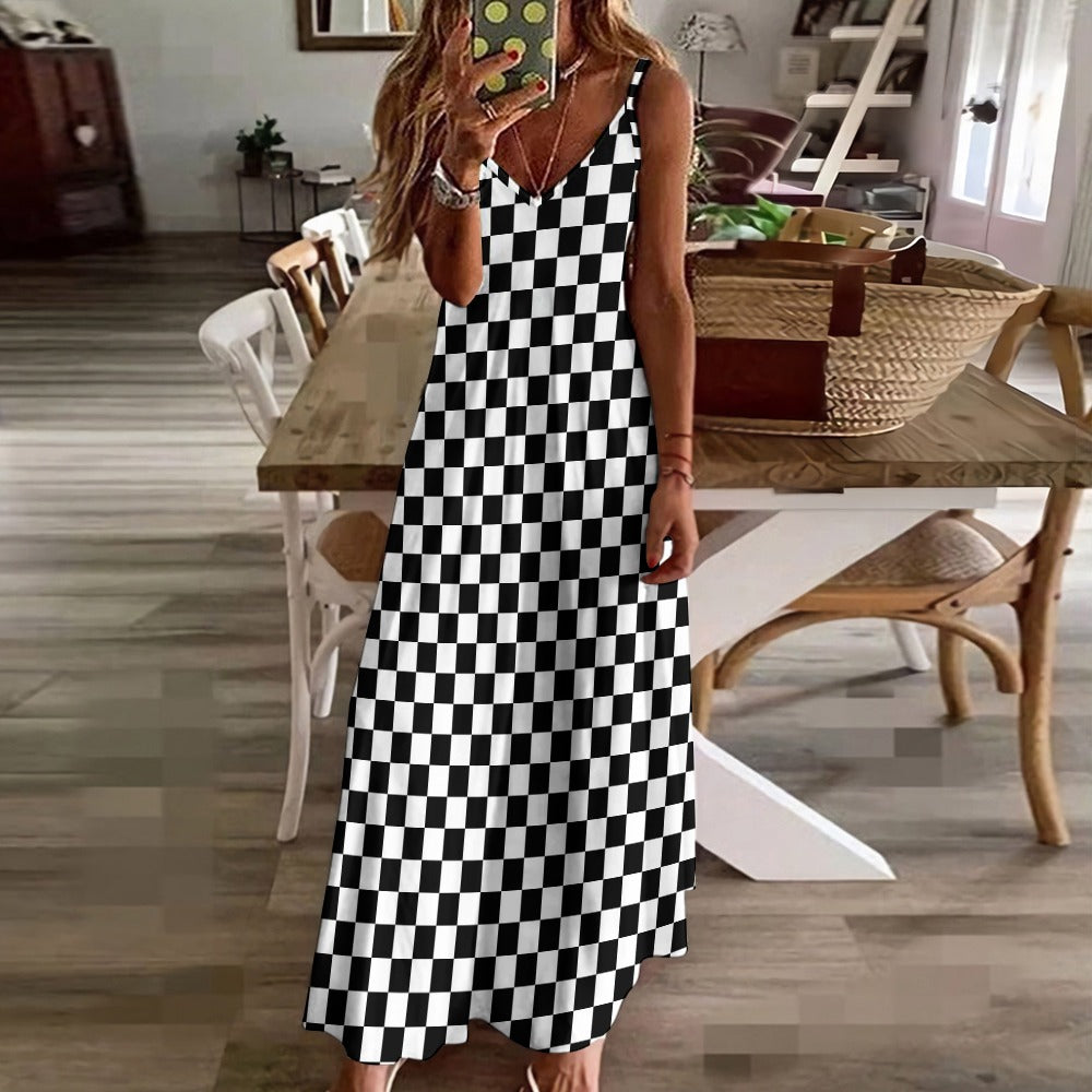 Checkered Maxi Dress, Black White Check Long Spaghetti Straps Flowy Women Sleeveless Casual Designer Elegant Plus Size Cocktail Party Summer