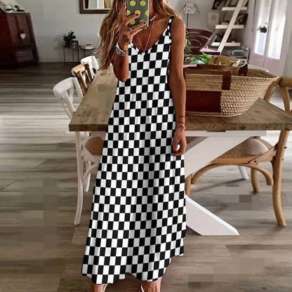 Checkered Maxi Dress, Black White Check Long Spaghetti Straps Flowy Women Sleeveless Casual Designer Elegant Plus Size Cocktail Party Summer