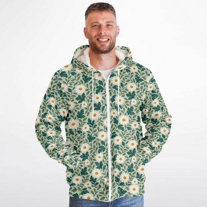 Daisy Zip Up Fleece Lined Hoodie, Floral Green Flowers Sherpa Heavyweight Full Zipper Pocket Men Women Unisex Hooded Sweatshirt Jacket