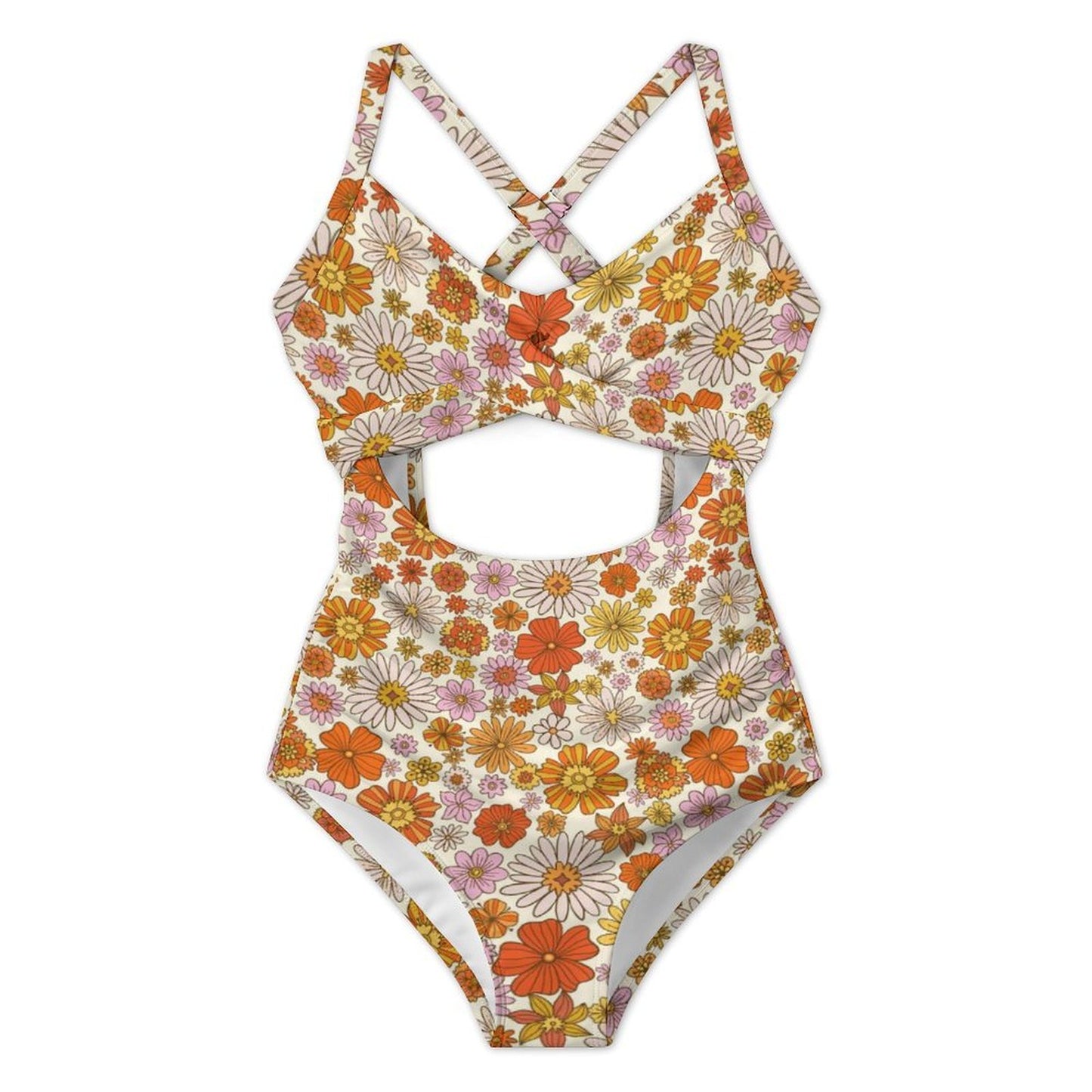 Retro Floral One Piece Swimsuit Women, Flowers 70s Retro Vintage Party Cut Out Tummy Control Designer Swim 1 Swimming Bathing Suits Ladies