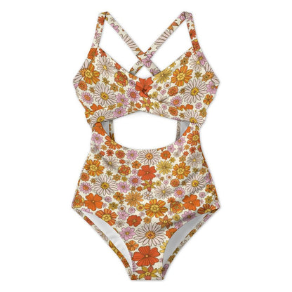 Retro Floral One Piece Swimsuit Women, Flowers 70s Retro Vintage Party Cut Out Tummy Control Designer Swim 1 Swimming Bathing Suits Ladies