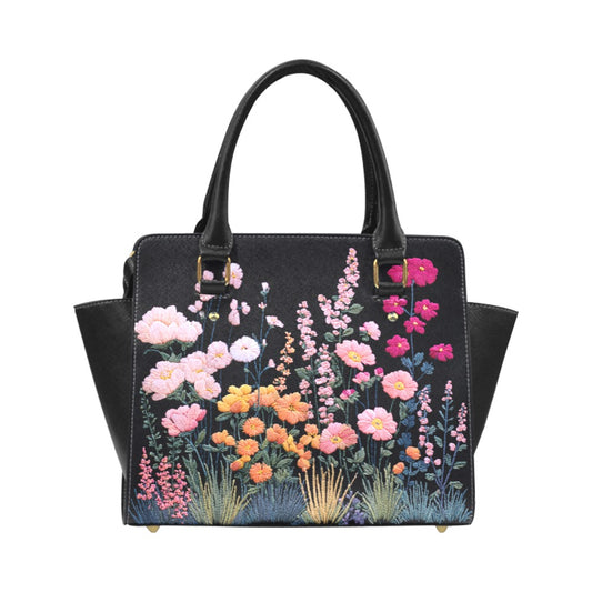 Floral Purse Handbag, Pink Green Flowers Faux Embroidery Vegan Leather Designer Women Ladies Female Tote Top Zip Handle Bag Shoulder Strap