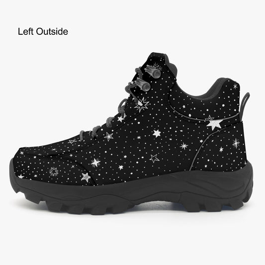 Stars Hiking Leather Boots, Space Black White Print Men Women Female Lace Up Walking Hunting Rubber Shoes Print Ankle Winter Casual Work Starcove Fashion