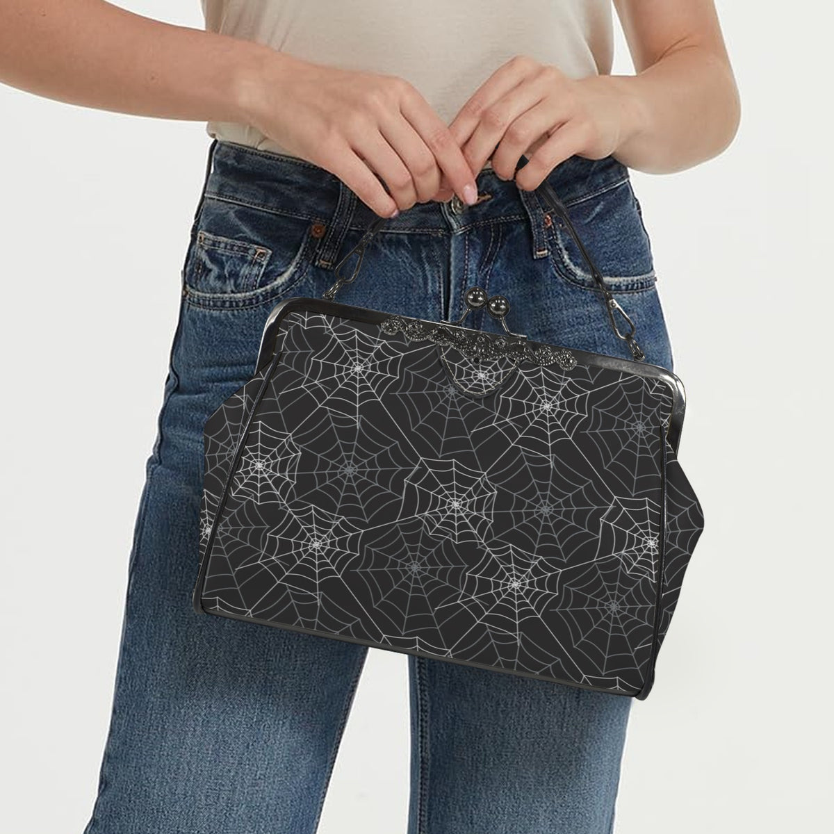 Spiderweb Kiss Lock Purse Handbag, Black Witchy Gothic Dark Print Vegan Leather Vintage Designer Shoulder Crossbody Top Handle Clasp Bag