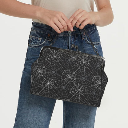 Spiderweb Kiss Lock Purse Handbag, Black Witchy Gothic Dark Print Vegan Leather Vintage Designer Shoulder Crossbody Top Handle Clasp Bag