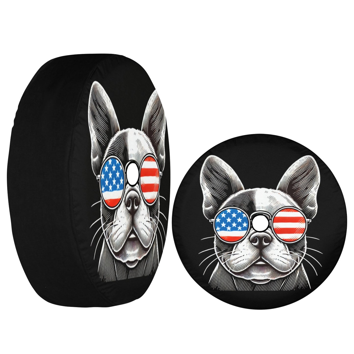 Dog American Flag Spare Tire Cover, French Bulldog Puppy Cool Backup Camera Hole Wheel Unique RV Back Cars Men Women Trailer Campers