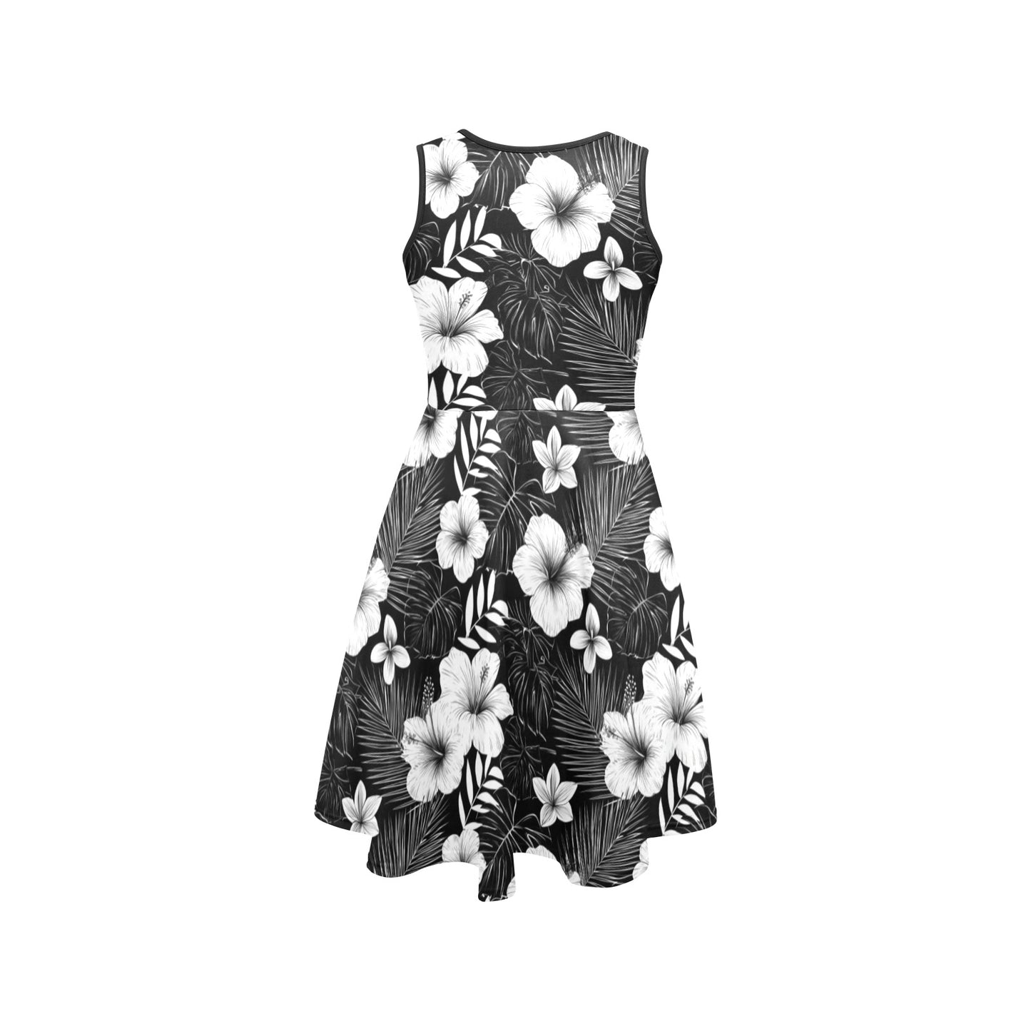 Floral Midi Dress, Black White Hibiscus Flowers Women Sleeveless Designer Elegant Plus Size Ladies Expansion Cocktail Party Summer Designer