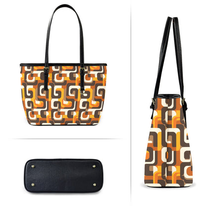 Retro Vintage Tote Bag Purse, 70s Geometric Orange Brown Art Women Vegan Leather Handbag  Zip on Top Designer Handmade Shoulder Ladies Bag