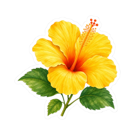 Yellow Hibiscus Flower Sticker Decal, Blossom Floral Watercolor Art Vinyl Cute Waterbottle Tumbler Car Waterproof Bumper Clear Die Cut Wall
