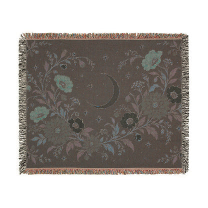 Dark Botanical Floral Woven Throw Blanket Tapestry, Crescent Moon Celestial Cotton Fringe Warm Adult Kids Small Large Bed 50x60 Wall Hanging