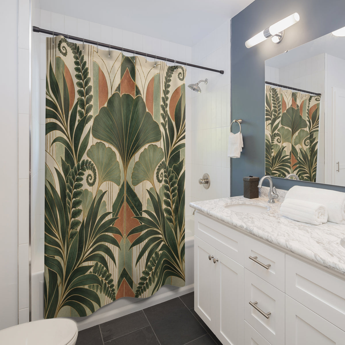 Art Deco Botanical Shower Curtain, Ginkgo Leaves Palm Fronds Ferns Plant Nature Waterproof Fabric Bathroom Decor Housewarming Gift 71" x 74"