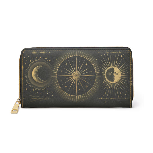 Sun Moon Leather Wallet Women, Celestial Space Stars Vegan Zipper Zip Around Coins Credit Cards Pocket Cash Ladies Pouch Slim Clutch Purse