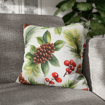 Christmas Pine Cone Pillow Cover, Red Berries Botanical Holidays Xmas Watercolor Square Throw Decorative Cover Cushion 20 x 20 Zipper Sofa