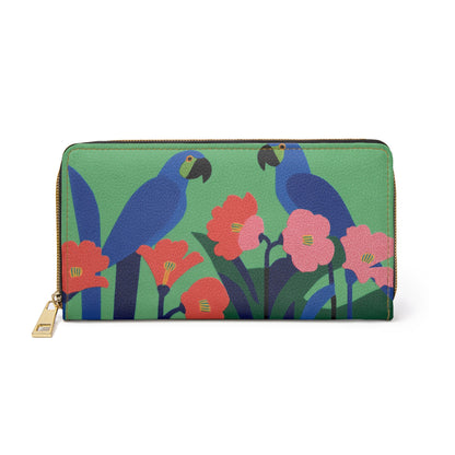 Macaw Parrots Leather Wallet Women, Flowers Bird Vegan Zipper Zip Around Coins Credit Cards Pocket Cash Ladies Female Pouch Clutch Purse