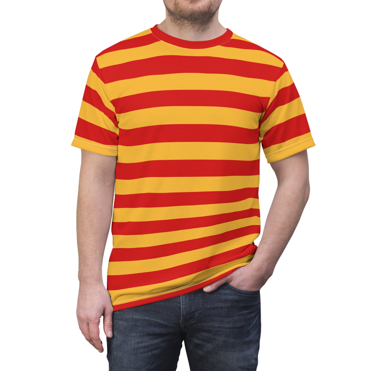 Red and Yellow Striped Tshirt, Stripe Designer Aesthetic Lightweight Heavyweight Crewneck Men Women Tee Top Short Sleeve Shirt - Starcove Fashion