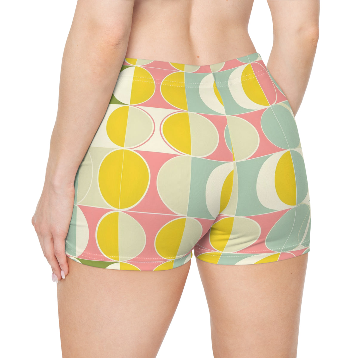 Mid Century Modern Women Shorts, Yellow Retro Colorful Yoga Biker Sport Workout Gym Festival Running Moisture Wicking Ladies Spandex Bottoms