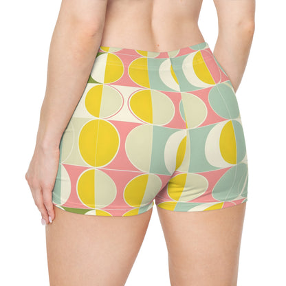 Mid Century Modern Women Shorts, Yellow Retro Colorful Yoga Biker Sport Workout Gym Festival Running Moisture Wicking Ladies Spandex Bottoms