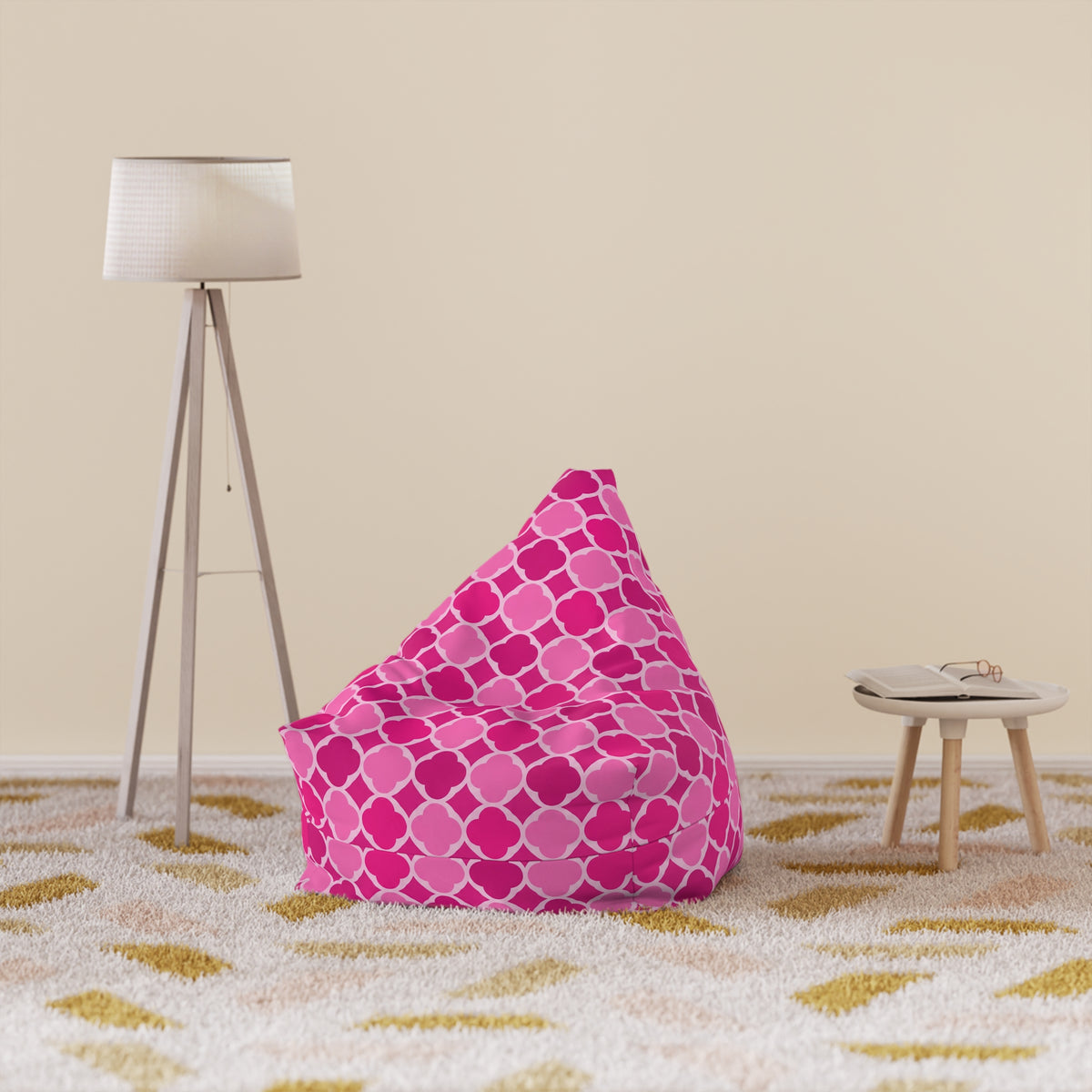 Bright Pink Geometric Bean Bag Chair Cover, Petal Washable Triangle Furniture Small Large Adult Children Kids Playroom Apartment Dorm Decor