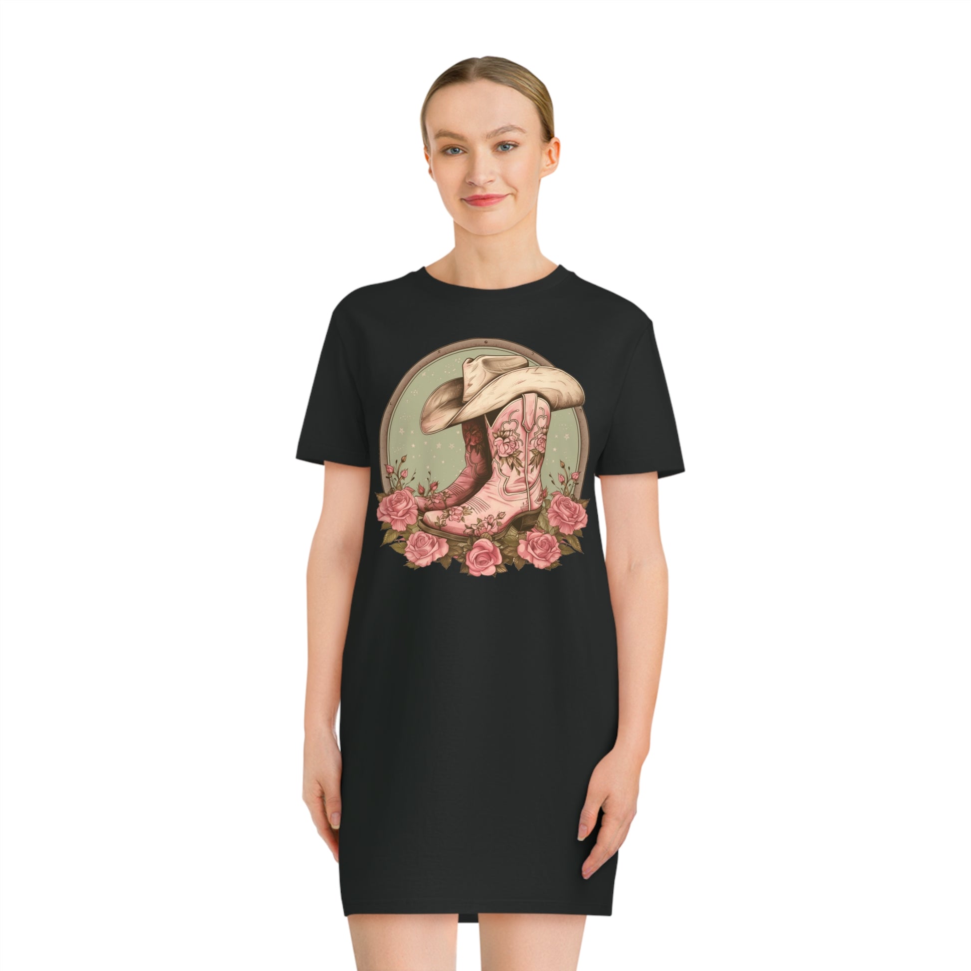 t shirt dress with cowboy boots Cowgirl Boots Hat Tshirt Dress, Western Country Music Women Ladies Min – Starcove Fashion
