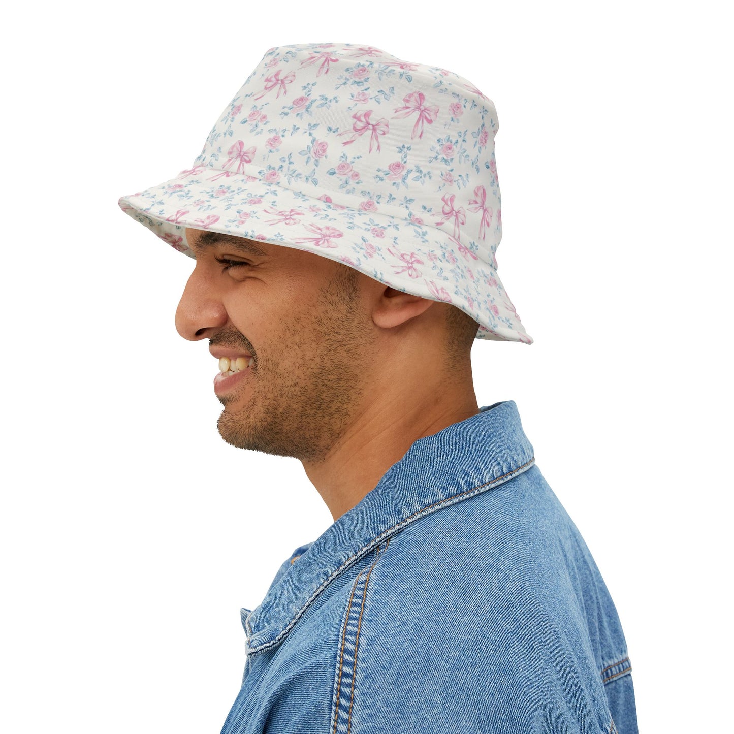 Pink Rose Bows Bucket Cap Hat, White Floral Flowers Print Beach Women Men Golf Summer Festival Cute Designer Sun Shade Ladies Small Large