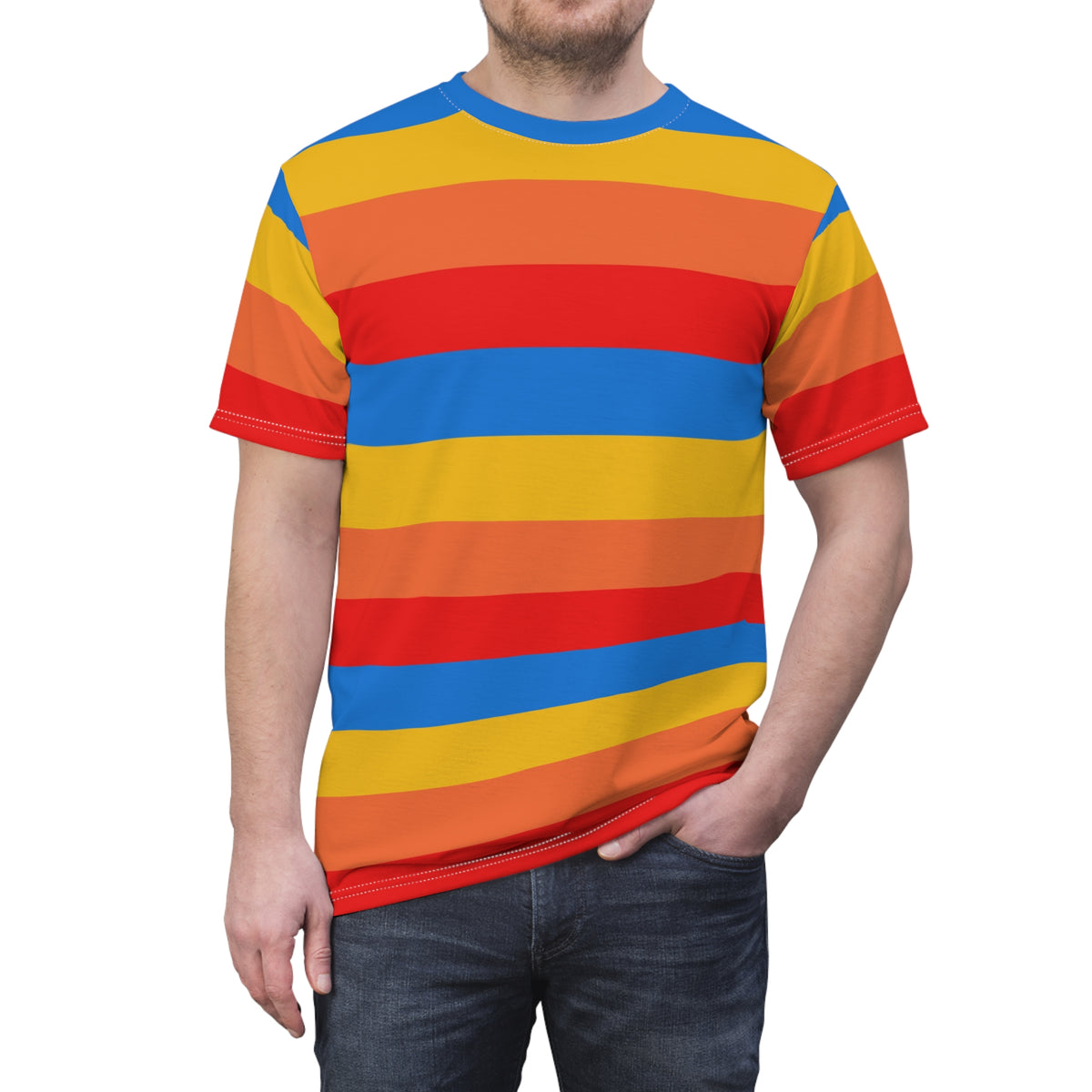 Yellow Orange Red Blue Tshirt, Striped Stripe Designer Graphic Lightweight Heavyweight Crewneck Men Women Tee Top Short Sleeve Shirt