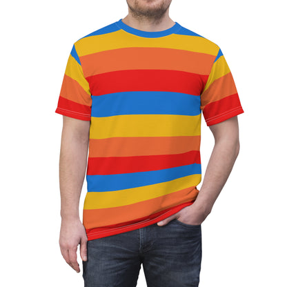 Yellow Orange Red Blue Tshirt, Striped Stripe Designer Graphic Lightweight Heavyweight Crewneck Men Women Tee Top Short Sleeve Shirt