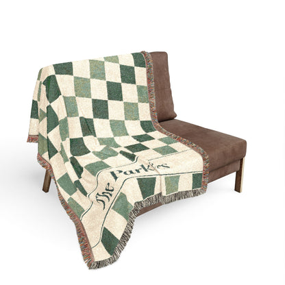 Custom Checkered Couples Woven Blanket Tapestry, Green Sage Throw Family Name Personalized Wedding Anniversary Engagement Cotton Small Large