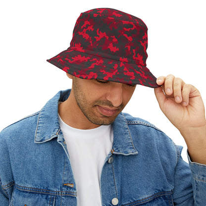 Red Camo Bucket Cap Hat, Black Camouflage Beach Women Men Kids Golf Summer Festival Cute Designer Sun Shade Ladies Small Large Guys