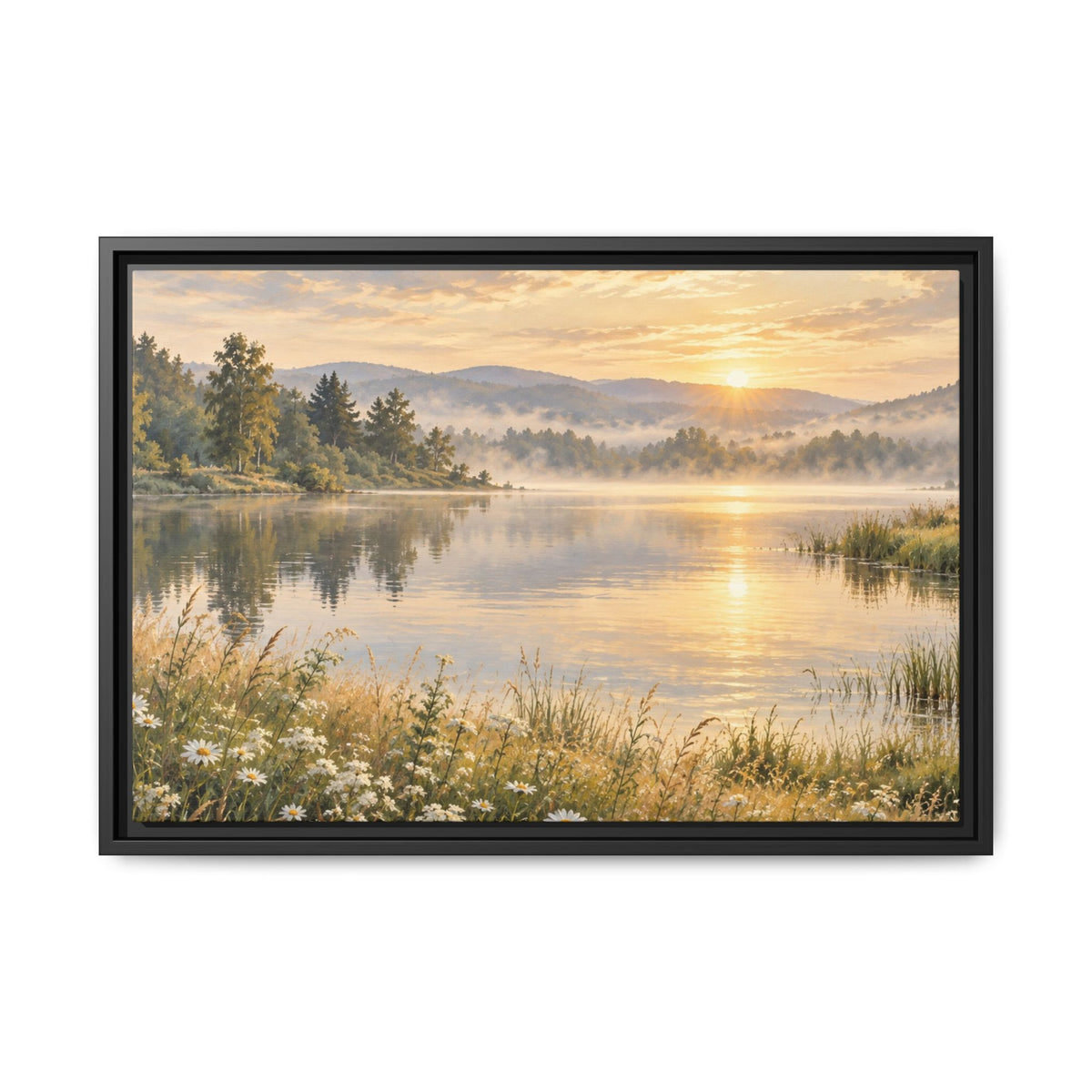 Misty Meadow Lake Wood Framed Canvas, Wildflower Farmhouse Wall Art Print Artwork Decor Small Large Hanging Matte Landscape Square Poster