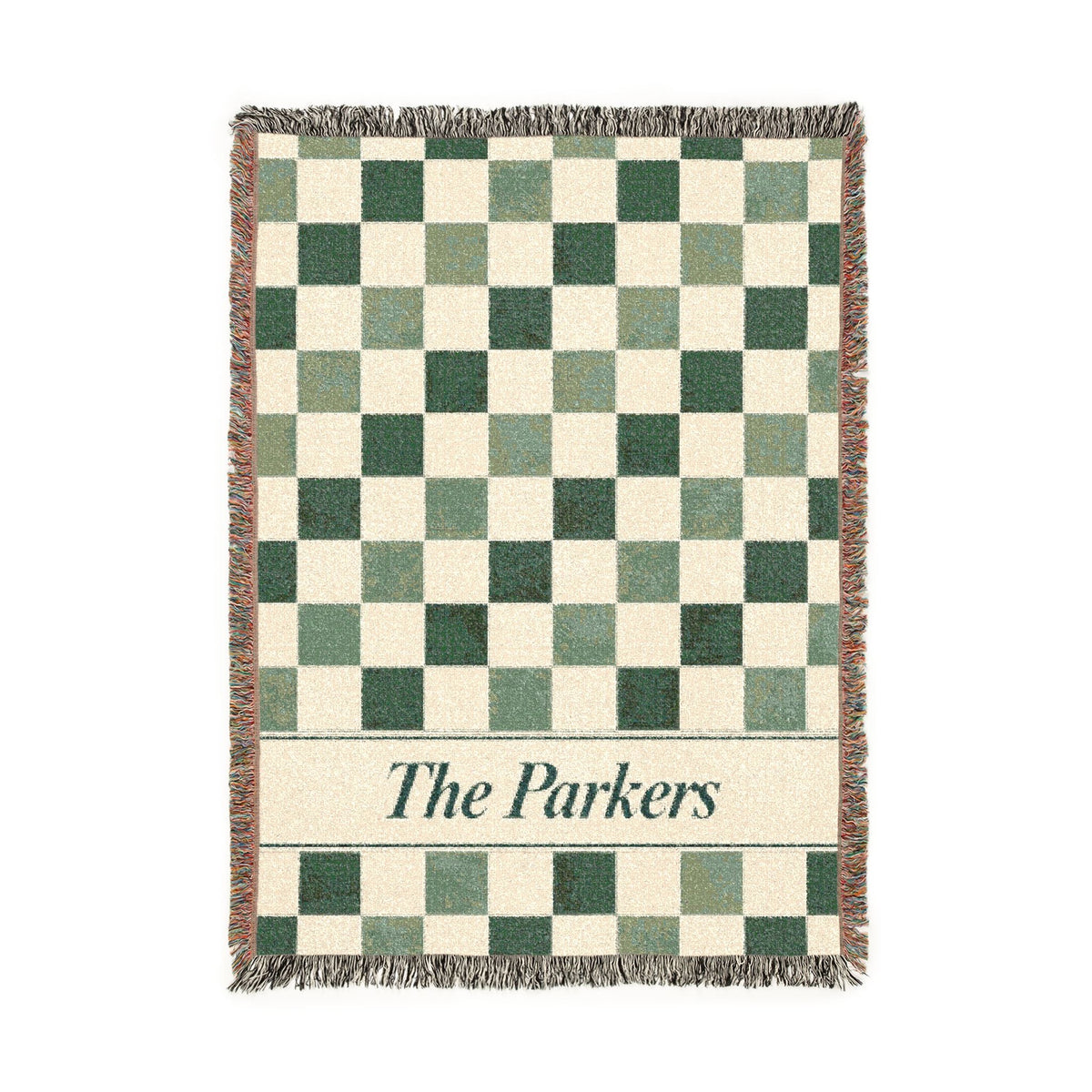 Custom Checkered Couples Woven Blanket Tapestry, Green Sage Throw Family Name Personalized Wedding Anniversary Engagement Cotton Small Large