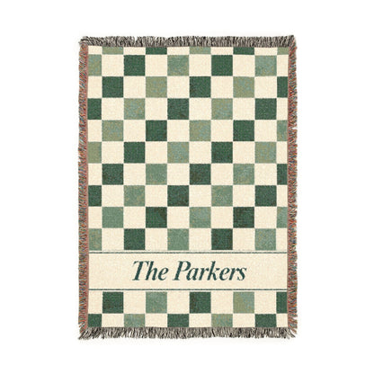 Custom Checkered Couples Woven Blanket Tapestry, Green Sage Throw Family Name Personalized Wedding Anniversary Engagement Cotton Small Large