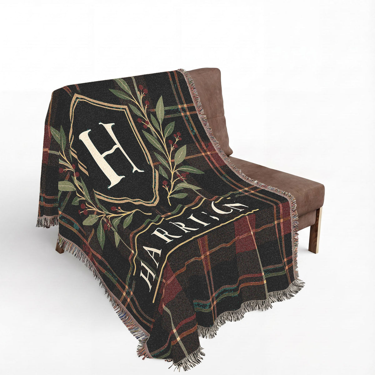 Custom Family Name Woven Throw Blanket Tapestry, Plaid Holiday Christmas Personalized Cotton Fringe Adult Kids Small Large Bed 50x60 Hanging