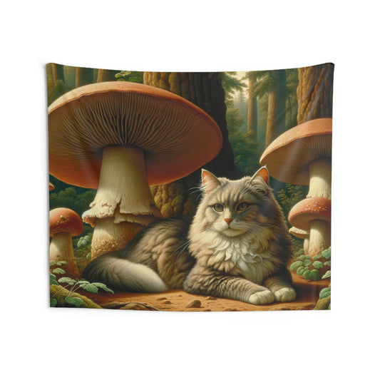 Cat Mushroom Tapestry, Cottagcore Forest Boho Schoom Wall Art Hanging Landscape Cool Unique Aesthetic Large Small Bedroom