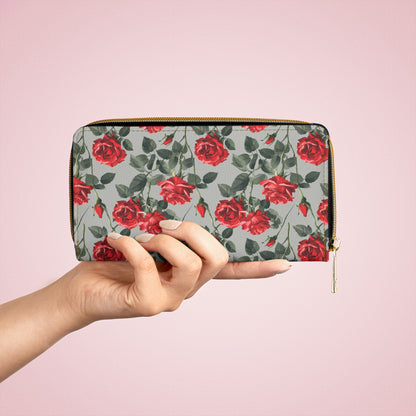Roses Leather Wallet Women, Red Grey Floral Flowers Vegan Zipper Zip Around Coins Credit Cards Pocket Cash Ladies Pouch Slim Clutch Purse