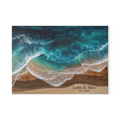 Personalized Glass Cutting Board, Custom Anniversary Coastal Wood Epoxy Charcuterie Chopping Tempered Small Large Kitchen Ocean Couples