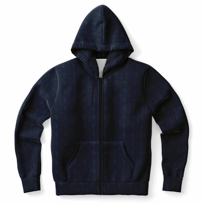 Navy Blue Zip Up Hoodie, Geometric Monogram Pattern Full Zipper Pocket Men Women Unisex Aesthetic Graphic Cotton Fleece Hooded Sweatshirt - Starcove Fashion