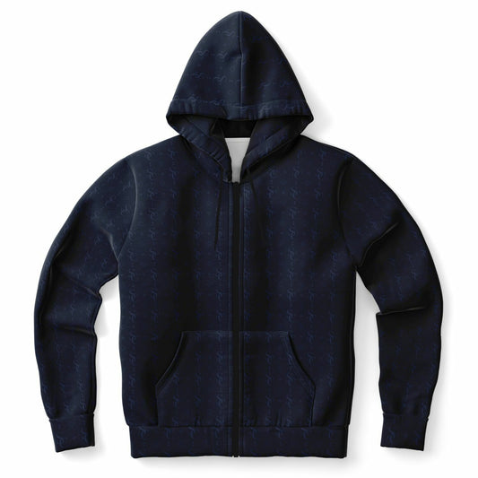 Navy Blue Zip Up Hoodie, Geometric Monogram Pattern Full Zipper Pocket Men Women Unisex Aesthetic Graphic Cotton Fleece Hooded Sweatshirt