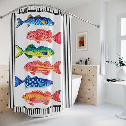 Coastal Fish Shower Curtain, Colorful Marine Life Black White Stripes Nautical Bathroom Decor Beach House Ocean Housewarming Gift 71" x 74"