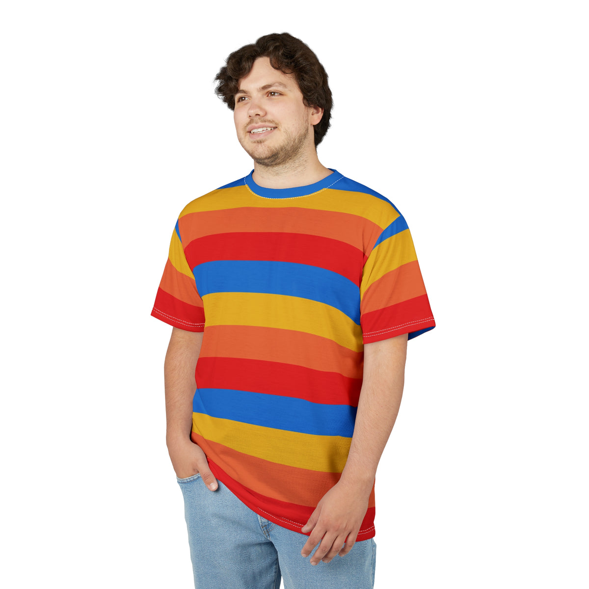 Yellow Orange Red Blue Tshirt, Striped Stripe Designer Graphic Lightweight Heavyweight Crewneck Men Women Tee Top Short Sleeve Shirt